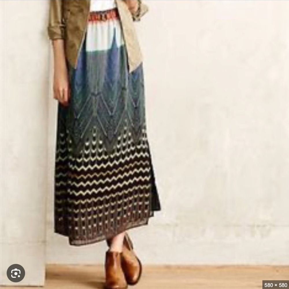 Anthropologie Maeve Maxi Skirt Black Motif Peacock Chevron Chiffon